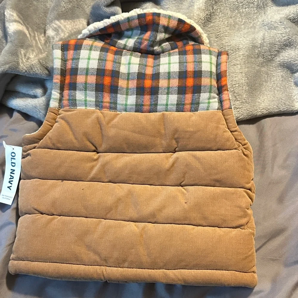 Old Navy Tan Quilted Corduroy Vest with Plaid Yoke and Sherpa Collar